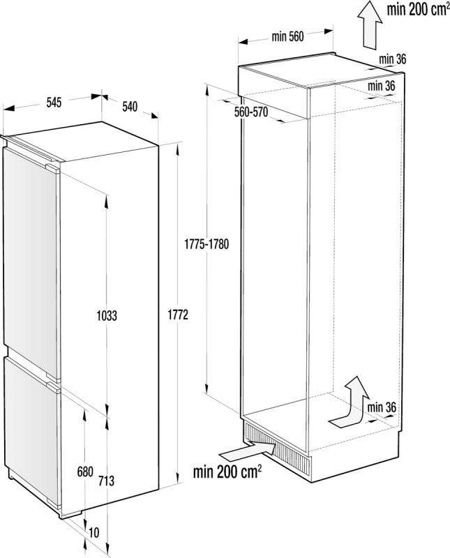 Холодильник Gorenje вбудований з нижн. мороз., 177х55х54см, 2 двері, 180(68)л, А+, NF+, Зона св-ті, Внутр. Диспл, Біли