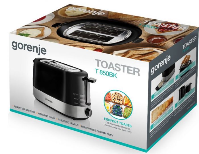 Тостер  Gorenje, 850Вт, пластик/ металл , функц. розморож, автовідключення, чорний