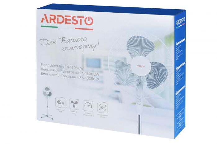 Вентилятор ARDESTO підлоговий, 40см, 45Вт, опора хрестовина, білий