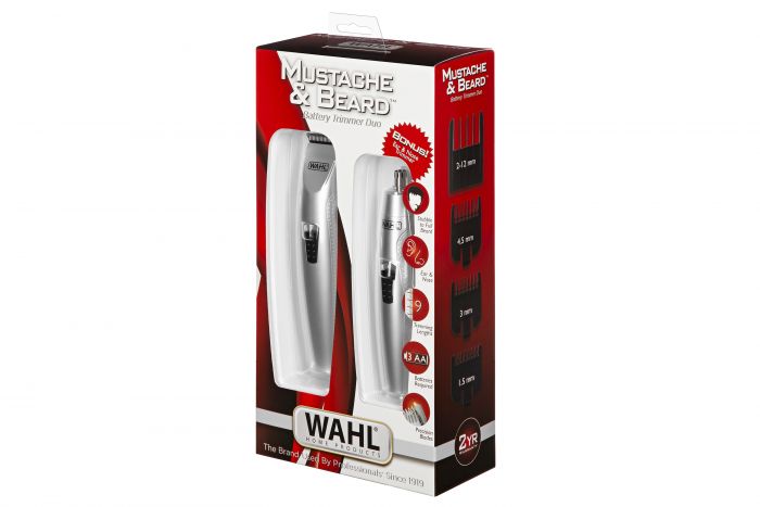 Тример WAHL Mustache & Beard, для бороди і вусів, ААx3, роторний мотор, насадок-4, тример для носа, підставка, сталь, сірий