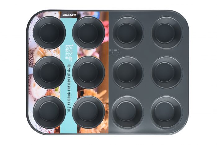 Форма для випікання мафінів Ardesto Tasty baking, 35х26.5х3см, 12шт, вуглецева сталь, сіро-блакитний