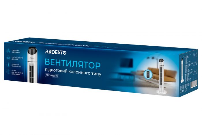 Вентилятор ARDESTO FNT-R36X1W колонний, 90см, 50Вт, пульт ДК, дисплей, чорно-білий