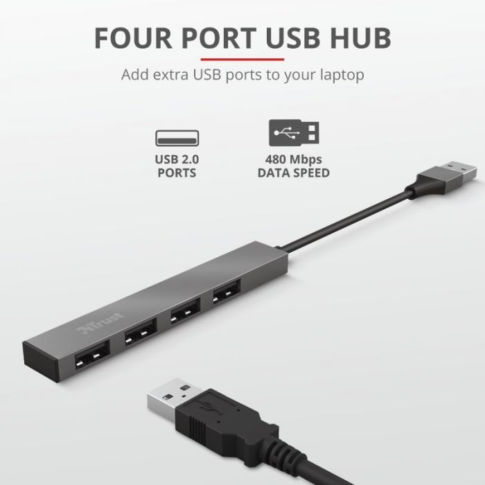 Хаб Trust Halyx USB-A > 4xUSB-А, Алюміній, 0.1м, Сірий