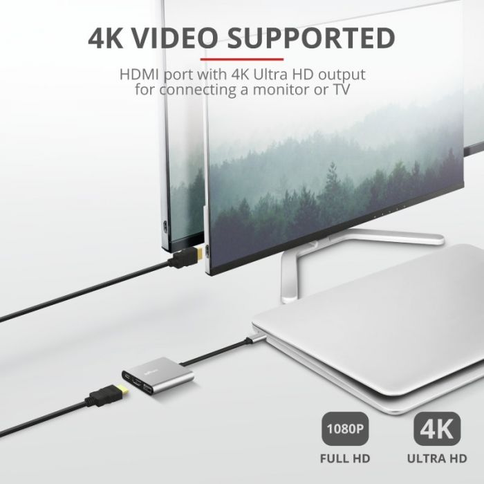 Хаб Trust Dalyx 3-in-1 USB-С > USB-А 3.2/USB-С/HDMI, Алюміній, 0.1м, чорний