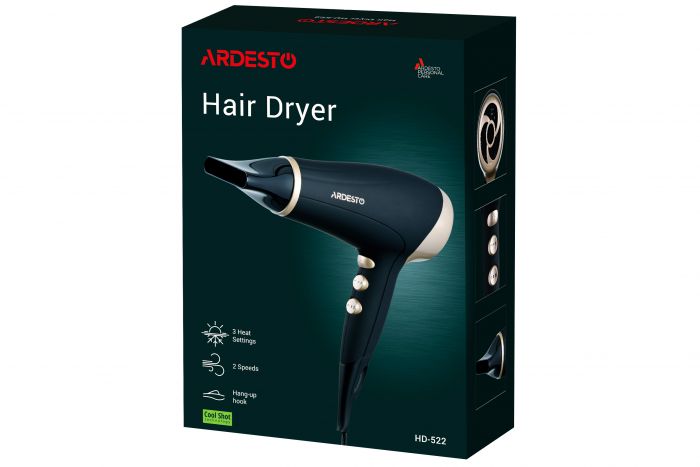 Фен Ardesto  Gemini HD-522, 1800-2200Вт, 2 швидкості, 3 темпер. режими , функція Cool Shot, чорний