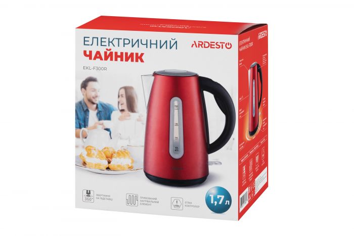Електрочайник Ardesto 1.7л, Strix, метал, червоний