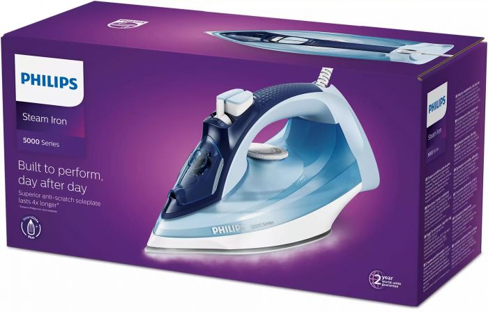 Праска Philips 5000 Series, 2400Вт, 320мл, паровий удар -180гр, постійна пара - 45гр, керам. підошва, голубий