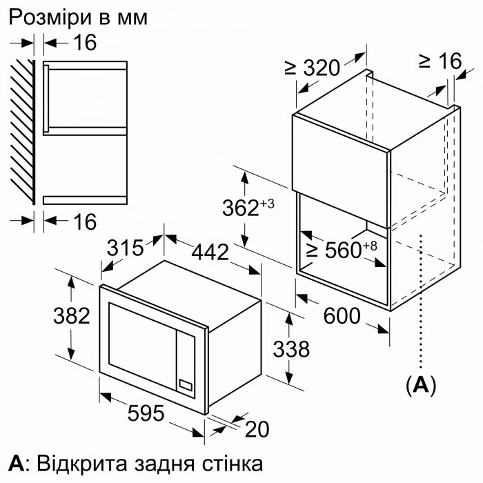 Мікрохвильова піч Bosch вбудована, 20л, електр. керув., 800Вт, дисплей, чорний