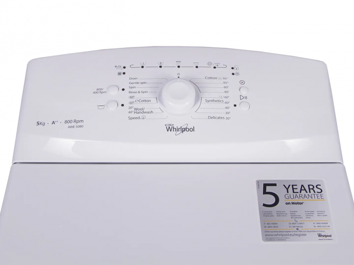 Пральна машина Whirlpool вертикальна, 5кг, 800, A++, 60см, білий
