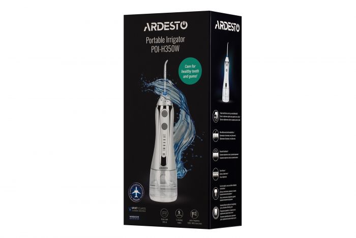 Іригатор Ardesto портативний, чаша 300 мл, Li-ion акум. в компл., чохол, 7 насадок, білий