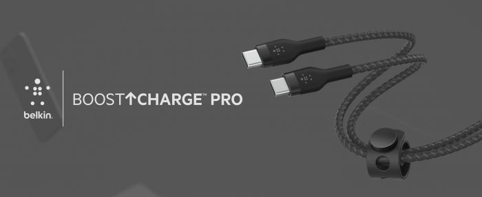 Кабель USB-C > USB-C заряджання/синхронізації Belkin 1м, 60Вт, Type-C, плетений, силіконовий, з ремінцем на магніті, чорний