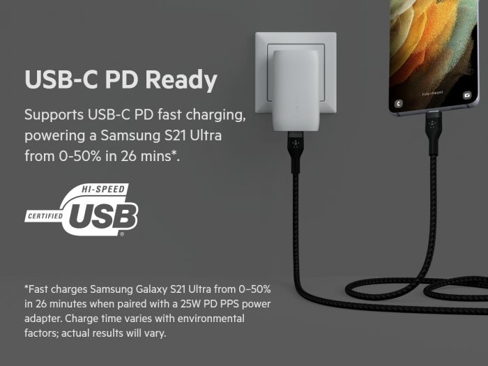 Кабель USB-C > USB-C заряджання/синхронізації Belkin 1м, 60Вт, Type-C, плетений, силіконовий, з ремінцем на магніті, чорний