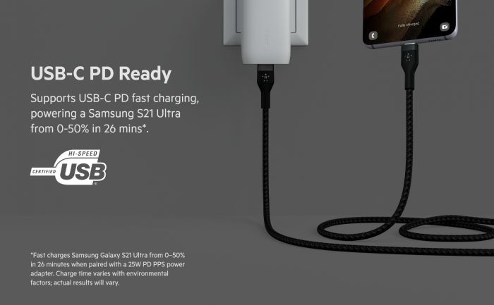 Кабель USB-C > USB-C заряджання/синхронізації Belkin 1м, 60Вт, Type-C, плетений, силіконовий, з ремінцем на магніті, чорний