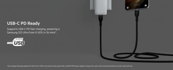 Кабель USB-C > USB-C заряджання/синхронізації Belkin 1м, 60Вт, Type-C, плетений, силіконовий, з ремінцем на магніті, чорний