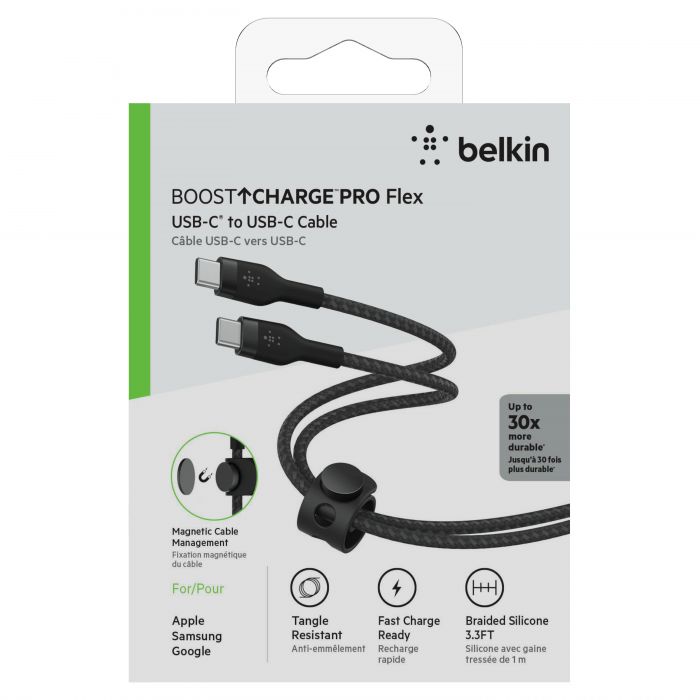 Кабель USB-C > USB-C заряджання/синхронізації Belkin 1м, 60Вт, Type-C, плетений, силіконовий, з ремінцем на магніті, чорний