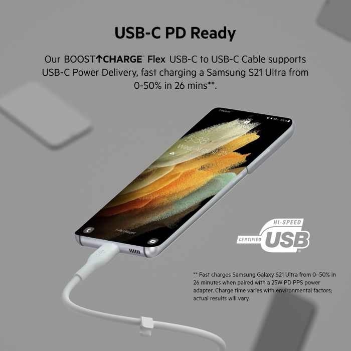 Кабель USB-C > USB-C заряджання/синхронізації Belkin 2м, 60Вт, Type-C, силіконовий з кліпсою, білий