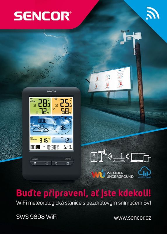 Метеостанція Sencor, внутр/зовн вимірювання, від мережі/CR2032x1+AAx3, темп-ра, вологість, час, прогноз погоди, атмосферний тиск, шв. вітру, чорний