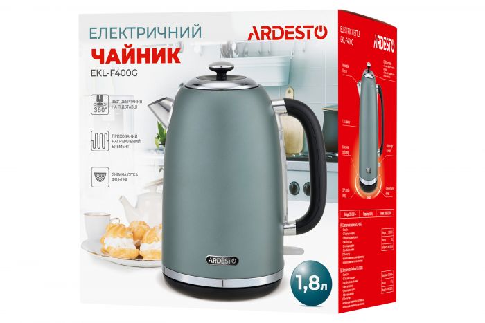 Електрочайник Ardesto Mint Harmony 1.8л, Strix, метал, м'ятний матовий