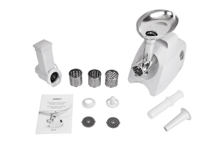 М'ясорубка Ardesto, 1900Вт, 1.8кг/хв, 3 решітки, насадка для ковбас, кеббе, 4 терки, пластик, білий