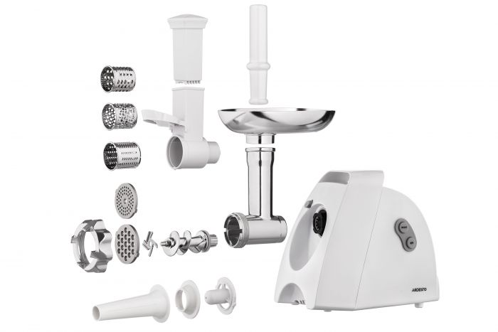 М'ясорубка Ardesto, 1900Вт, 1.8кг/хв, 3 решітки, насадка для ковбас, кеббе, 4 терки, пластик, білий