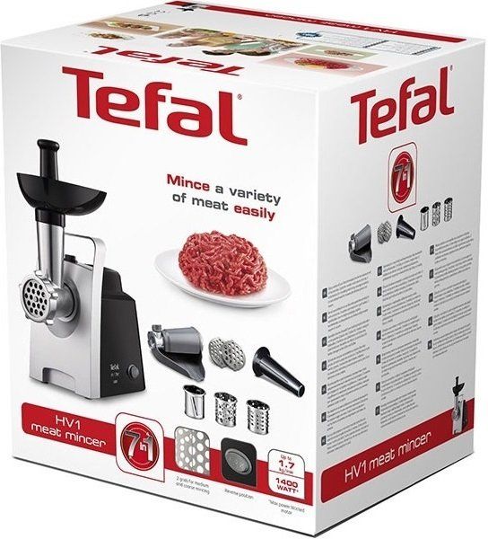 М'ясорубка Tefal HV1 7in1, 1400Вт, 1.7кг/хв, 2 решітки, насадка для ковбас, томатів, 3 терки, пластик, чорний