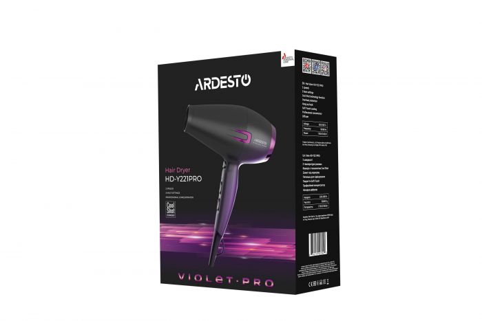 Фен Ardesto Violet PRO HD-Y221PRO ,1750-2100Вт, 2 швидкості, 3темп.режими,дифузор, чорний