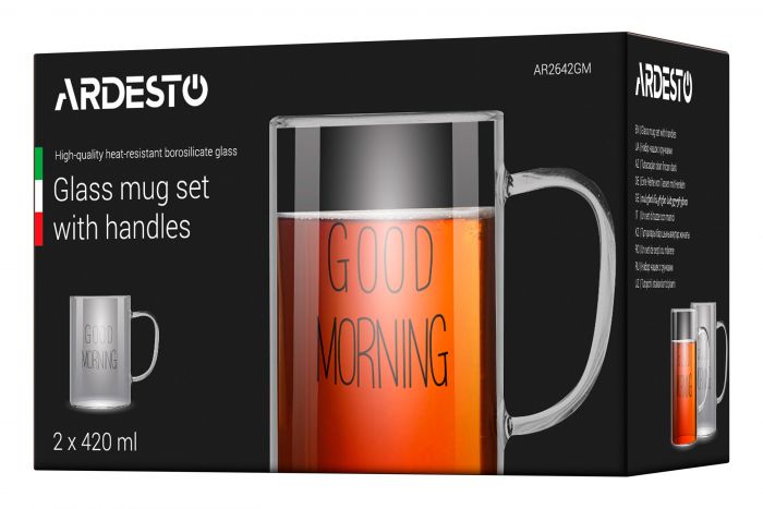 Набір чашок з ручками Ardesto Good Morning , 420мл, 2шт, боросилікатне скло, прозорий