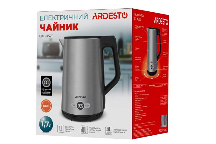 Електрочайник Ardesto Steel Collection 1.7л, Strix, LED дисплей, подвійні стінки, сріблястий