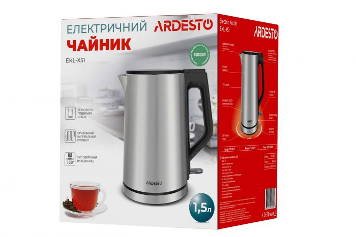 Електрочайник Ardesto Steel Collection 1.5л, подвійні стінки, сріблястий