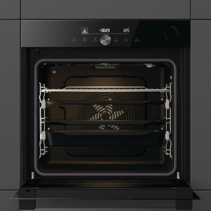 Духова шафа Gorenje електрична, 77л, A+, пара, дисплей, готування на різних рівнях, піроліз, Wi-Fi, чорний