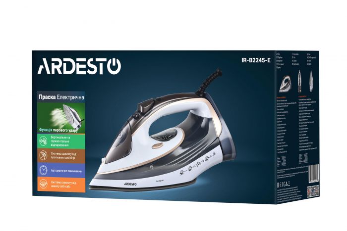Праска Ardesto IR-B2245-E, 2400Вт, 400мл, паровий удар, електр. керування, керам. підошва, біло-сірий