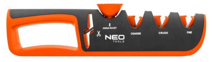 Точилка для ножів та ножиць Neo Tools, 77х290х47мм, 3 етапи заточування, алмаз, карбід вольфраму та кераміка, регулювання кута заточування, ABS-пластик та TPR гума
