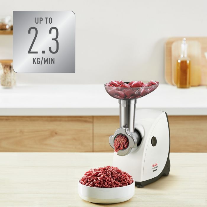 М'ясорубка Tefal HV4, 2000Вт, 2.3кг/хв, 3 решітки, насадка для ковбас, кеббе, томатів, пластик, біло-чорний