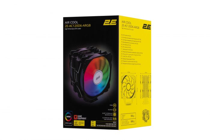 Процесорний кулер 2E GAMING Air Cool AC120D6-ARGB, LGA1851, 1700, 1366, 1200, 115x, AM5, AM4, AM3, AM3+, AM2, AM2+, FM2, FM1, 4pin PWM, 3pin +5VARGB, TDP 200W