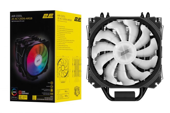 Процесорний кулер 2E GAMING Air Cool AC120D6-ARGB, LGA1851, 1700, 1366, 1200, 115x, AM5, AM4, AM3, AM3+, AM2, AM2+, FM2, FM1, 4pin PWM, 3pin +5VARGB, TDP 200W