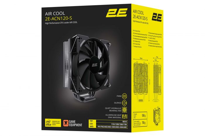 Процесорний кулер 2E GAMING Air Cool ACN120-S, LGA1700, 1366, 1200, 115x, AM5, AM4, AM3, AM3+, AM2, AM2+, FM2, FM1, 4pin PWM, TDP 180W