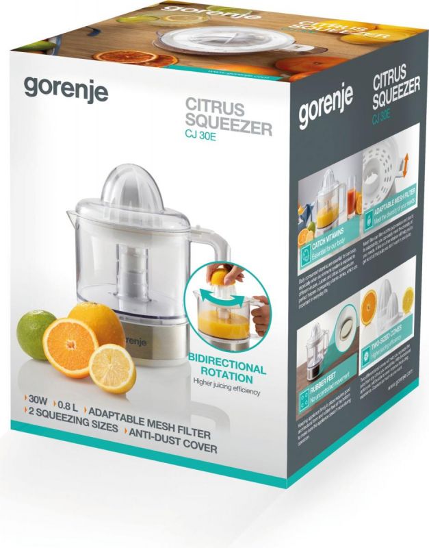 Соковитискач Gorenje цитрус-прес 30Вт, чаша-0.8л, пластик/метал, білий