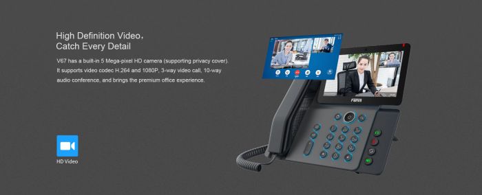 Телефон IP Fanvil V67 2xGE LAN, 1xUSB-A, BT, WiFi, SIP, VPN, PoE, 7" кольоровий екран, вбудована камера, Android