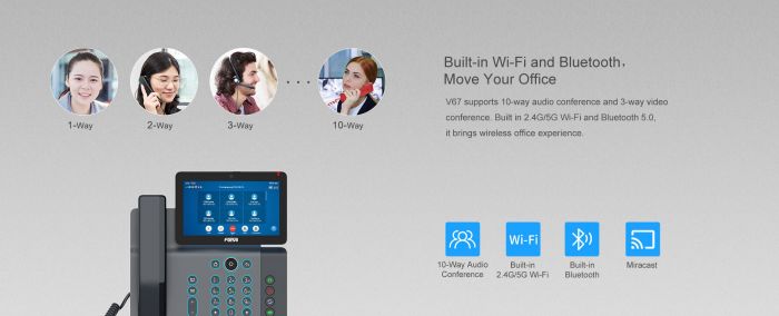 Телефон IP Fanvil V67 2xGE LAN, 1xUSB-A, BT, WiFi, SIP, VPN, PoE, 7" кольоровий екран, вбудована камера, Android