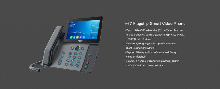Телефон IP Fanvil V67 2xGE LAN, 1xUSB-A, BT, WiFi, SIP, VPN, PoE, 7" кольоровий екран, вбудована камера, Android