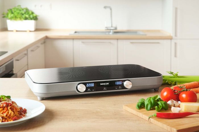 Плитка настільна Sencor індукційна, комфорок - 2 на 2.2 + 1.3кВт, керування - мех., чорний