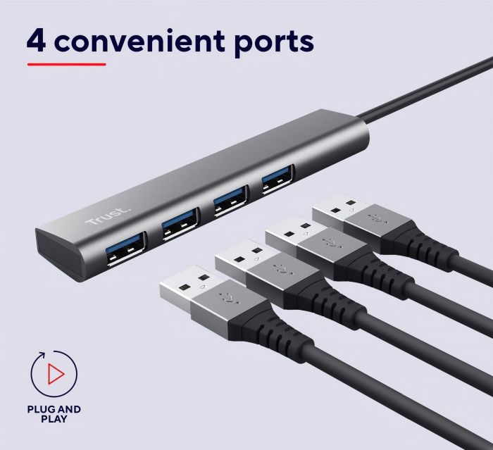 Хаб Trust Halyx USB-A > 4xUSB-А 3.2, Алюміній, 0.1м, Сірий