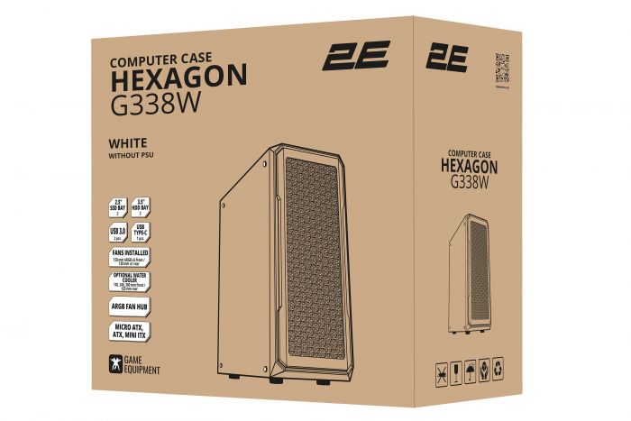 Корпус 2E GAMING Hexagon G338W без БЖ 2xUSB3.0, 1xUSBType-C, 3x120мм ARGB, 1x120мм, VGA 330мм, LCS ready, HUB, TG Side Panel, ATX, білий