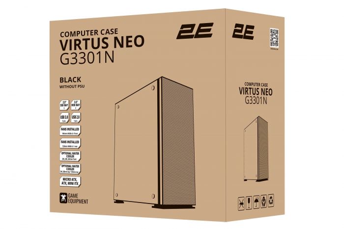Корпус 2E GAMING Virtus Neo G3301N без БЖ 2xUSB3.0, 1xUSB2.0, 3x140мм ARGB, 1x120мм ARGB,  VGA 340мм, LCS ready, контролер з пультом, TG Side Panel, ATX, чорний
