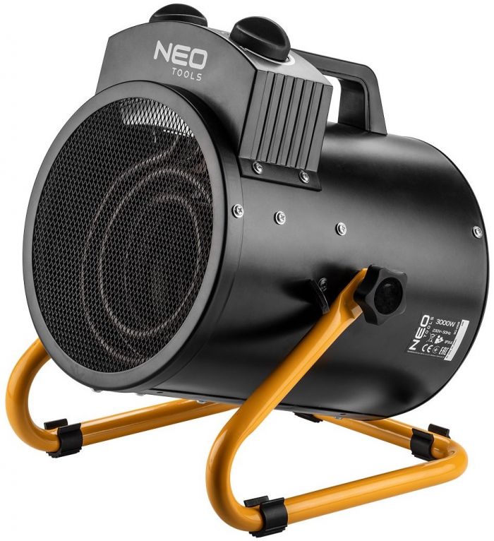 Теплова гармата електрична Neo Tools, 3кВт, 80м кв, 354м куб/год, нагрів. елемент - нерж. сталь, IPX4, чорний