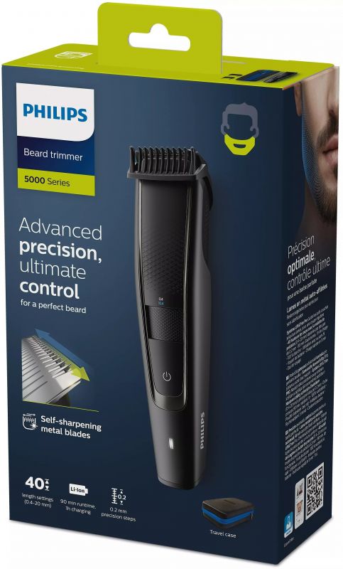 Тример Philips Beardtrimmer series 5000, для бороди і вусів, мережа+акум., насадок-2, чохол, сталь, чорний