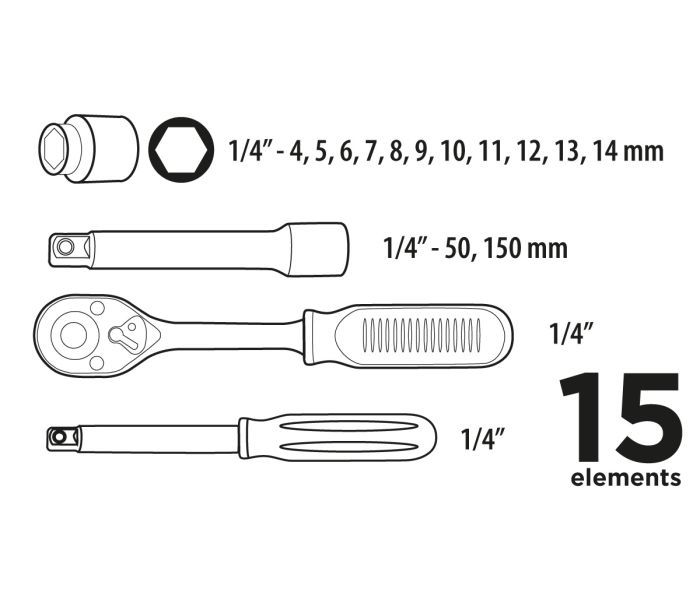 Набір інструментів Top Tools, набір торцевих головок 1/4", 15шт