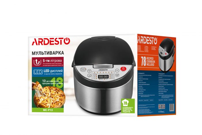 Мультиварка Ardesto, 860Вт, чаша-5л, електронне керув., книга рецептів, метал/пластик, сріблясто-чорний