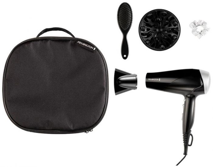 Фен Remington Style Edition, 2200Вт, 3 режими, іоніз-я, хол. обдув, дифузор, гребінець, резинка, кейс, чорно-сірий