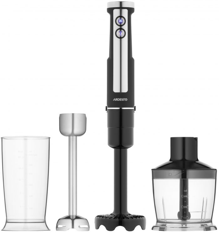 Блендер Ardesto заглибний 1000Вт, 3в1, чаша-600мл, чопер-500мл, насадка для пюре, чорно-сріблястий